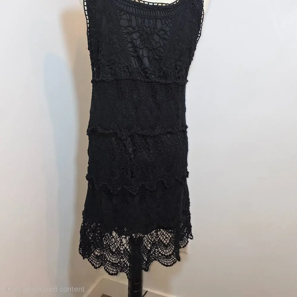 Women's Black Cotton Crochet Dress Sleeveless Lined Size L Handkerchief Boho - Picture 5 of 7